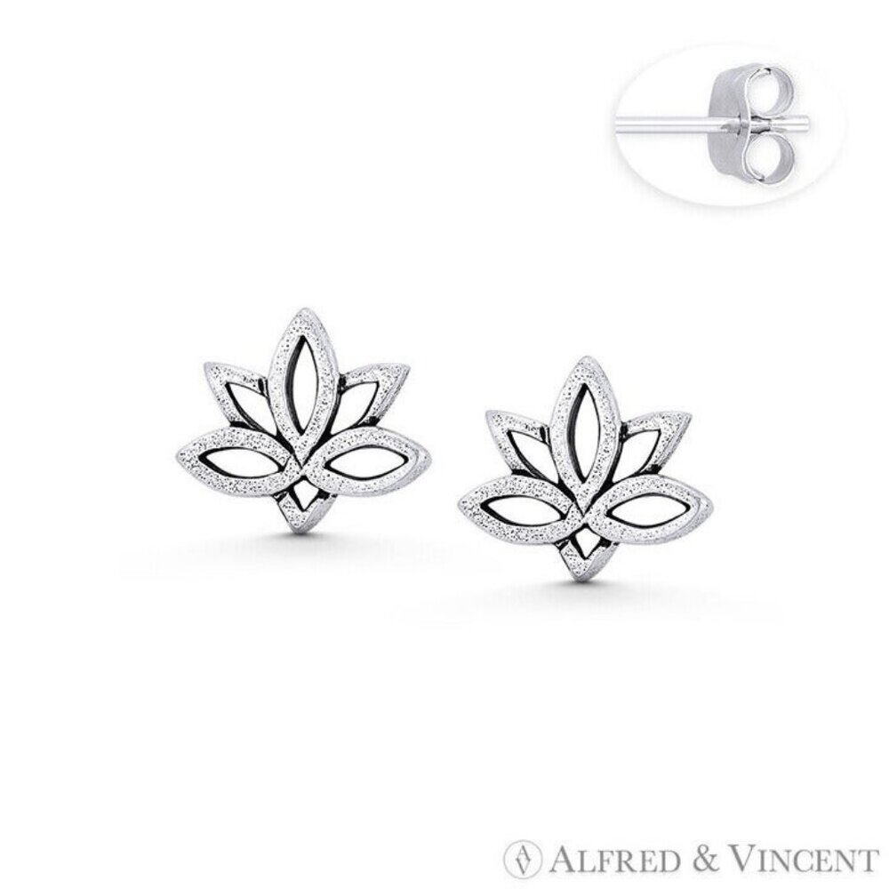 Lotus Flower Charm Stud Earrings in Oxidized .925 Sterling Silver